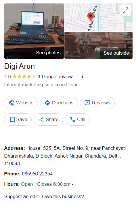 Google business profile listing for "Digi Arun," an internet marketing service in Delhi with contact info, map, photos, reviews, and hours of operation.
