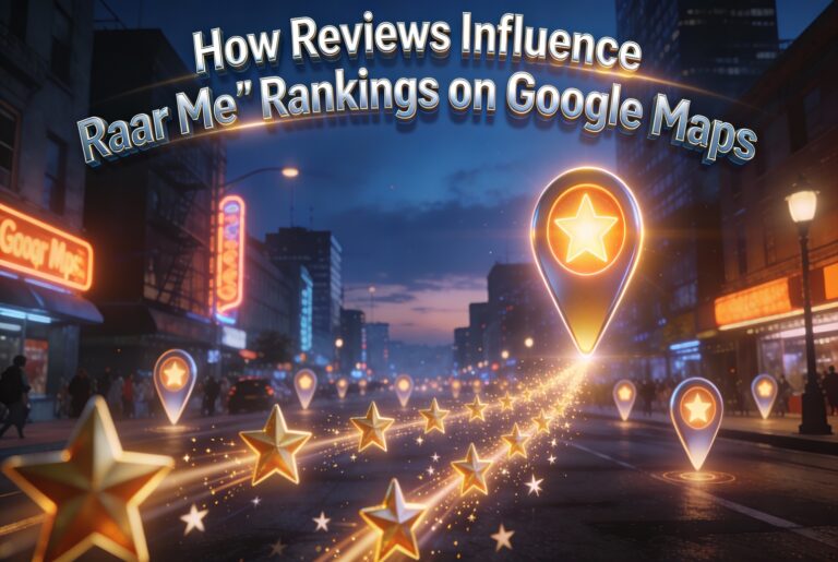 glowing pins in a dusk cityscape with five-star reviews boosting the top pin over competitors