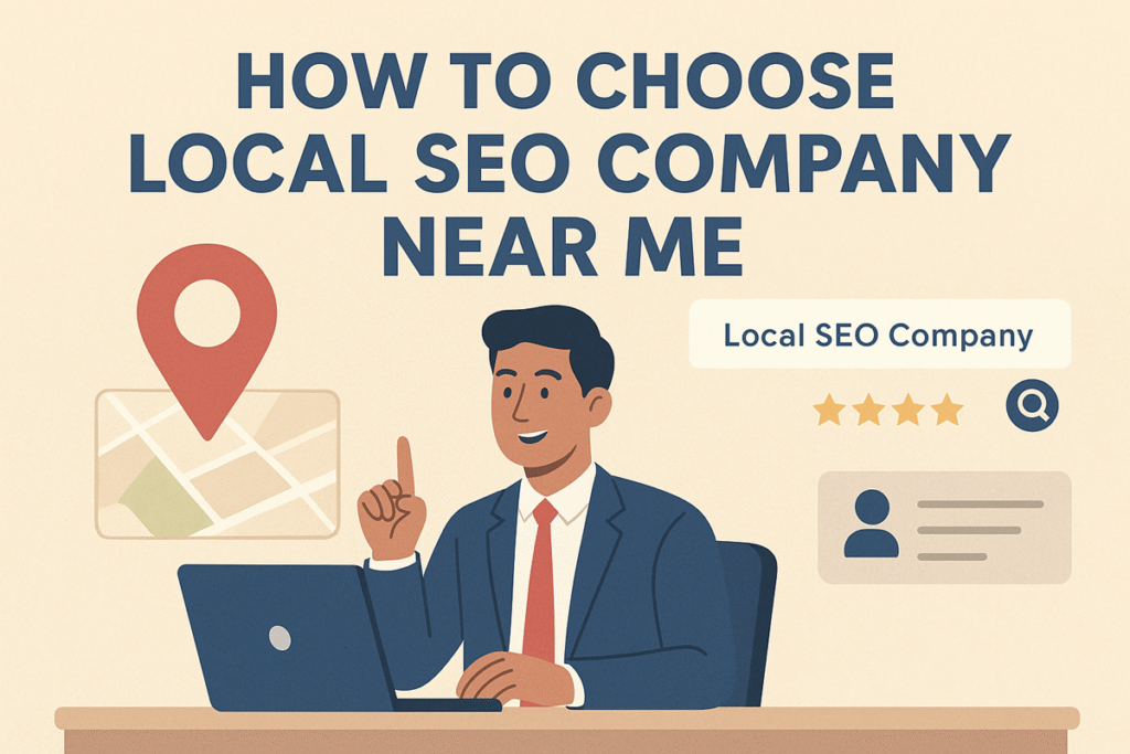 a smiling man in a suit at a desk, pointing up. Text says How to Choose Local SEO Company Near Me. Includes map icon and star ratings.