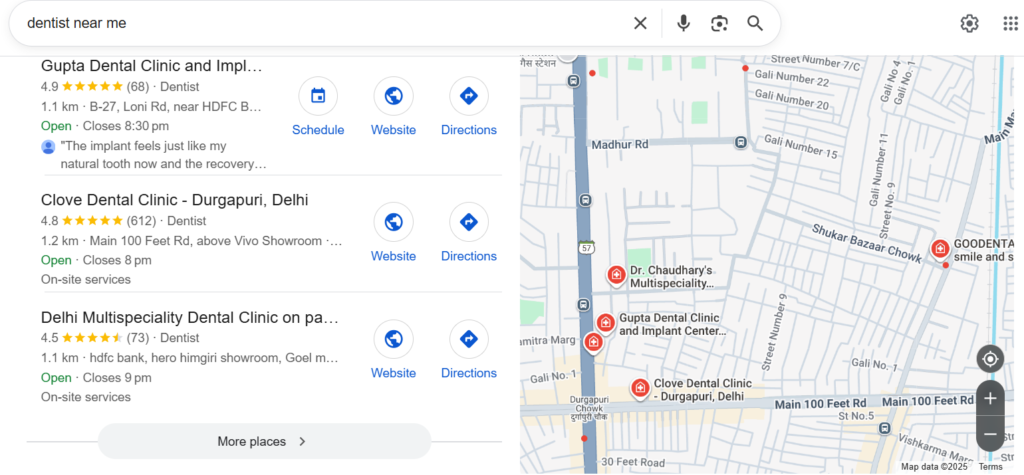 Search results for "dentist near me" on a map. Listings include Gupta Dental Clinic, Clove Dental Clinic, and Delhi Multispeciality Dental Clinic.