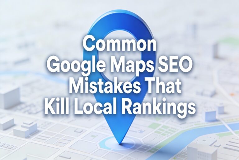Blue map pin overlaying a blurred map background with the text "Common Google Maps SEO Mistakes That Kill Local Rankings" in bold white font.