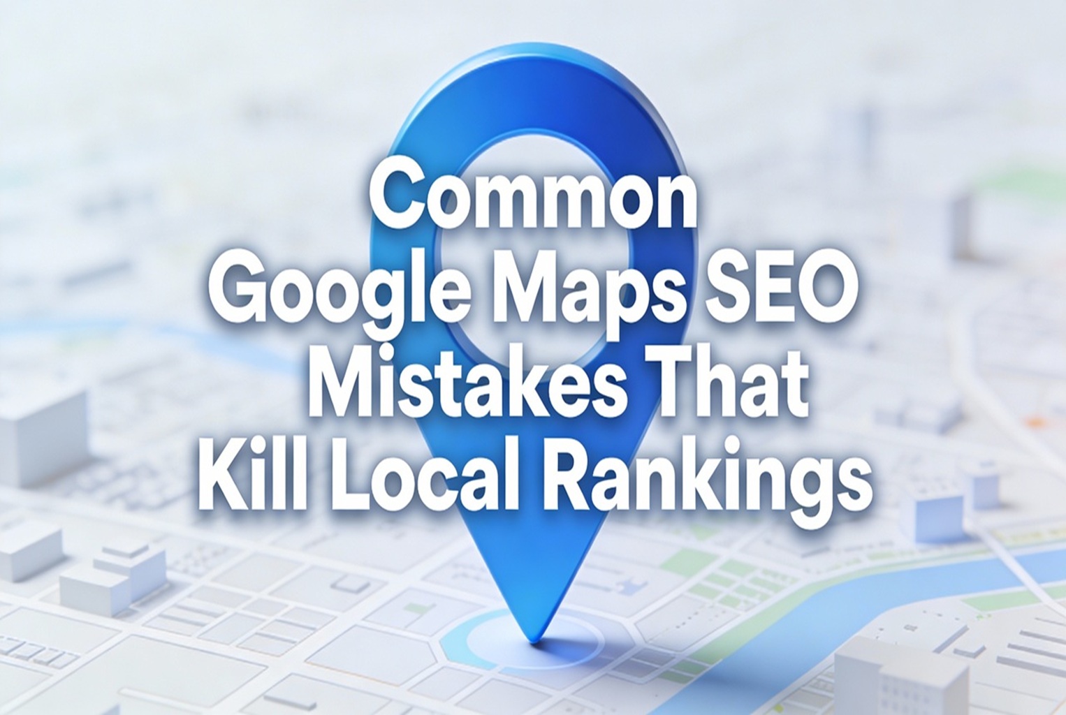 Blue map pin overlaying a blurred map background with the text "Common Google Maps SEO Mistakes That Kill Local Rankings" in bold white font.