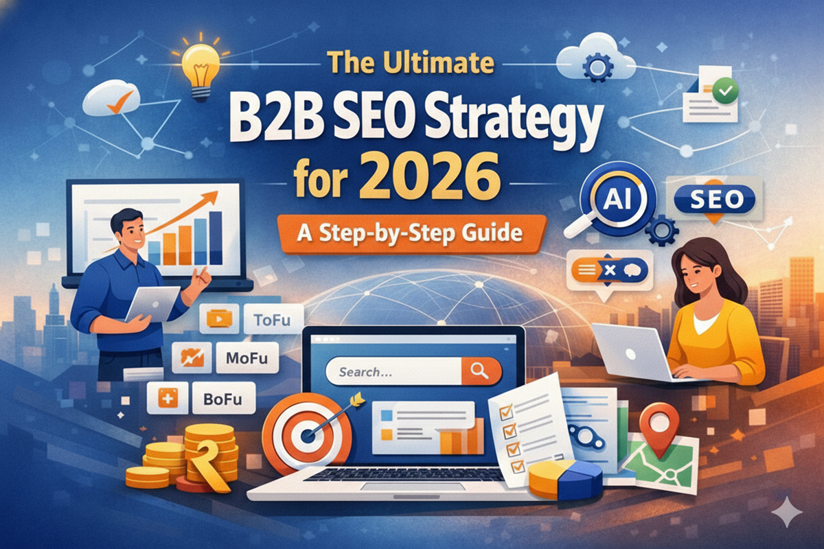 showing B2B SEO strategy for 2026 with digital marketing elements, AI, SEO icons, charts, and content planning for business growth.