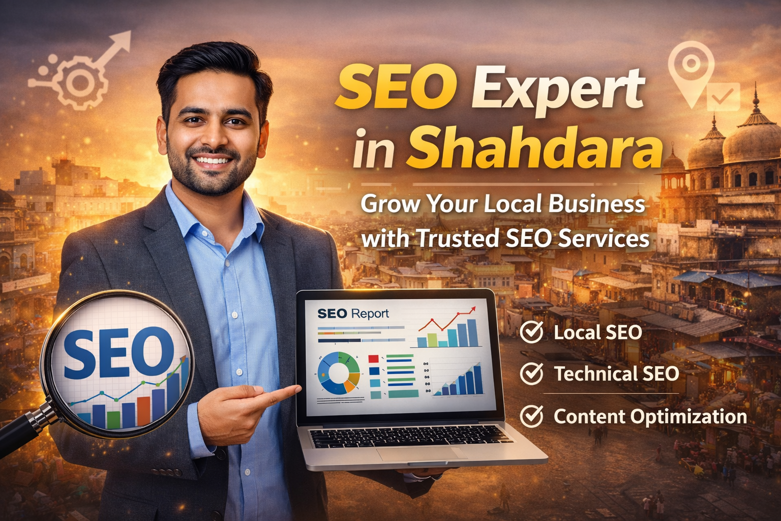 Professional SEO expert in Shahdara showcasing local SEO services, technical SEO, and content optimization for business growth