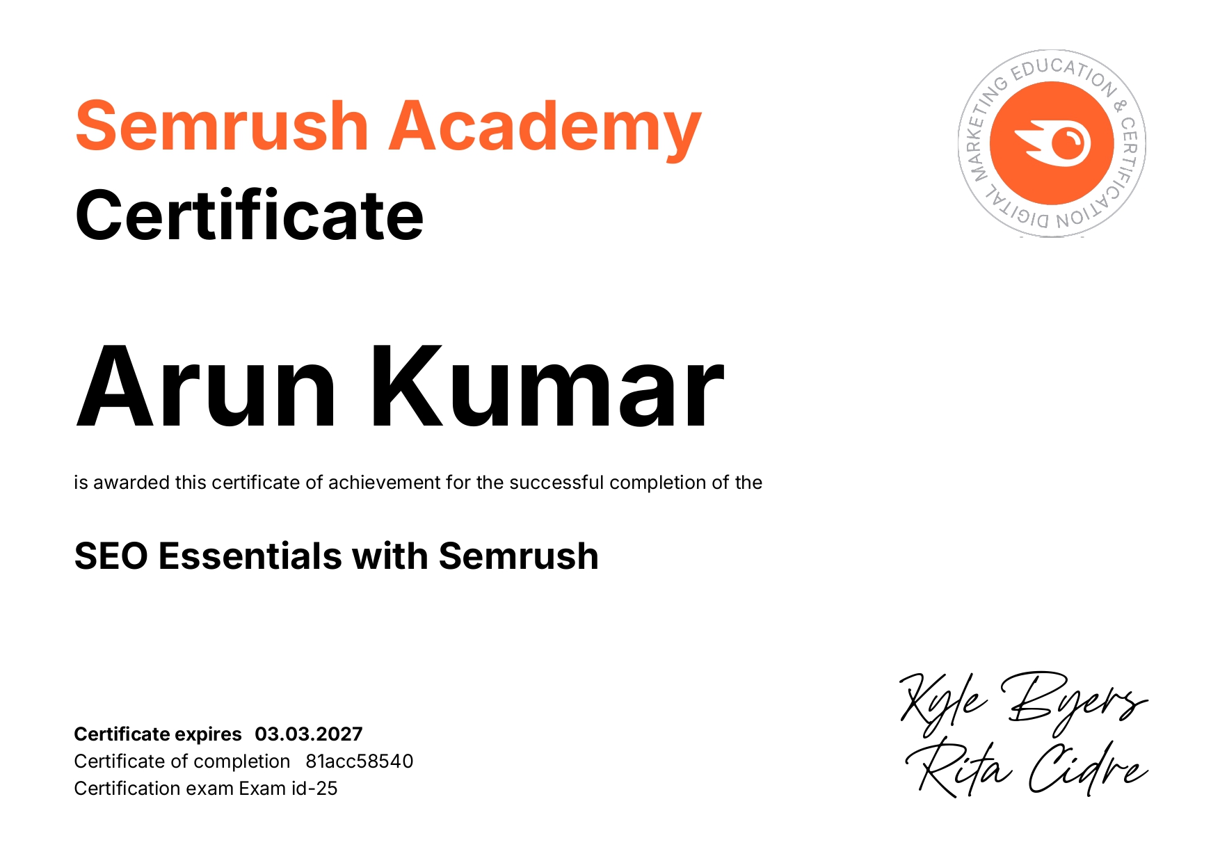 SEO Essentials Certificate by Semrush awarded to Arun Kumar