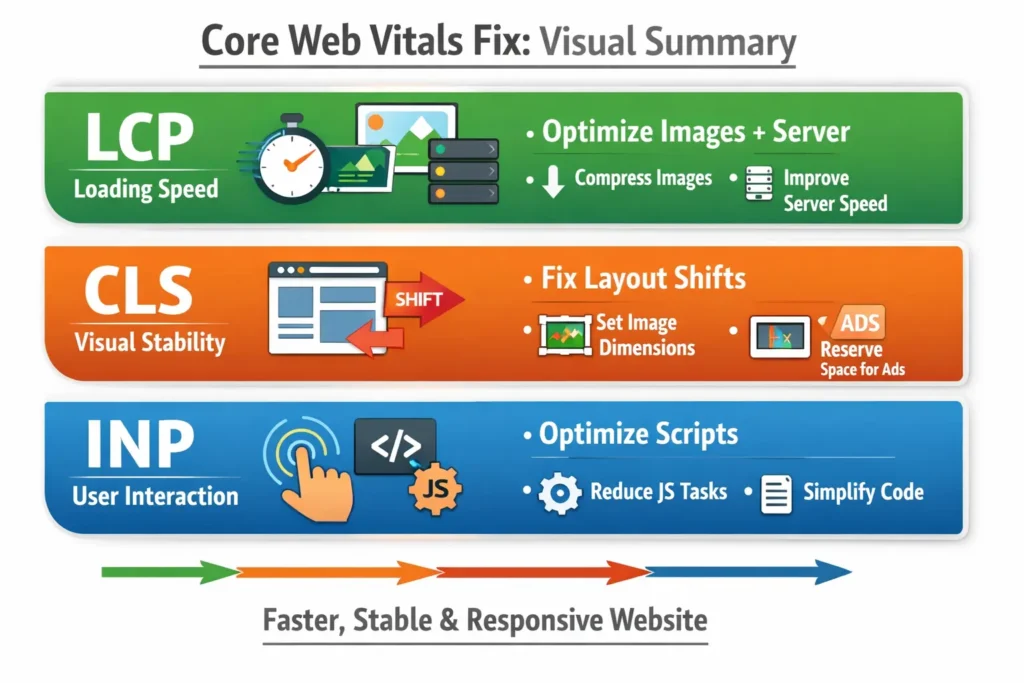 Core Web Vitals fix showing LCP (loading speed optimization), CLS (layout shift fixes), and INP (user interaction improvement techniques)