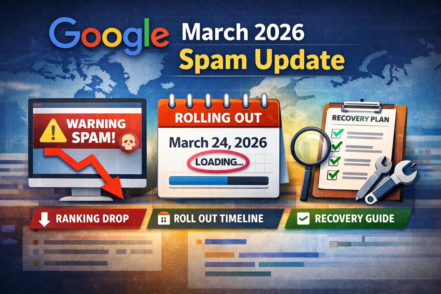 Google March 2026 spam update illustration showing spam warning, rollout date, and SEO recovery checklist