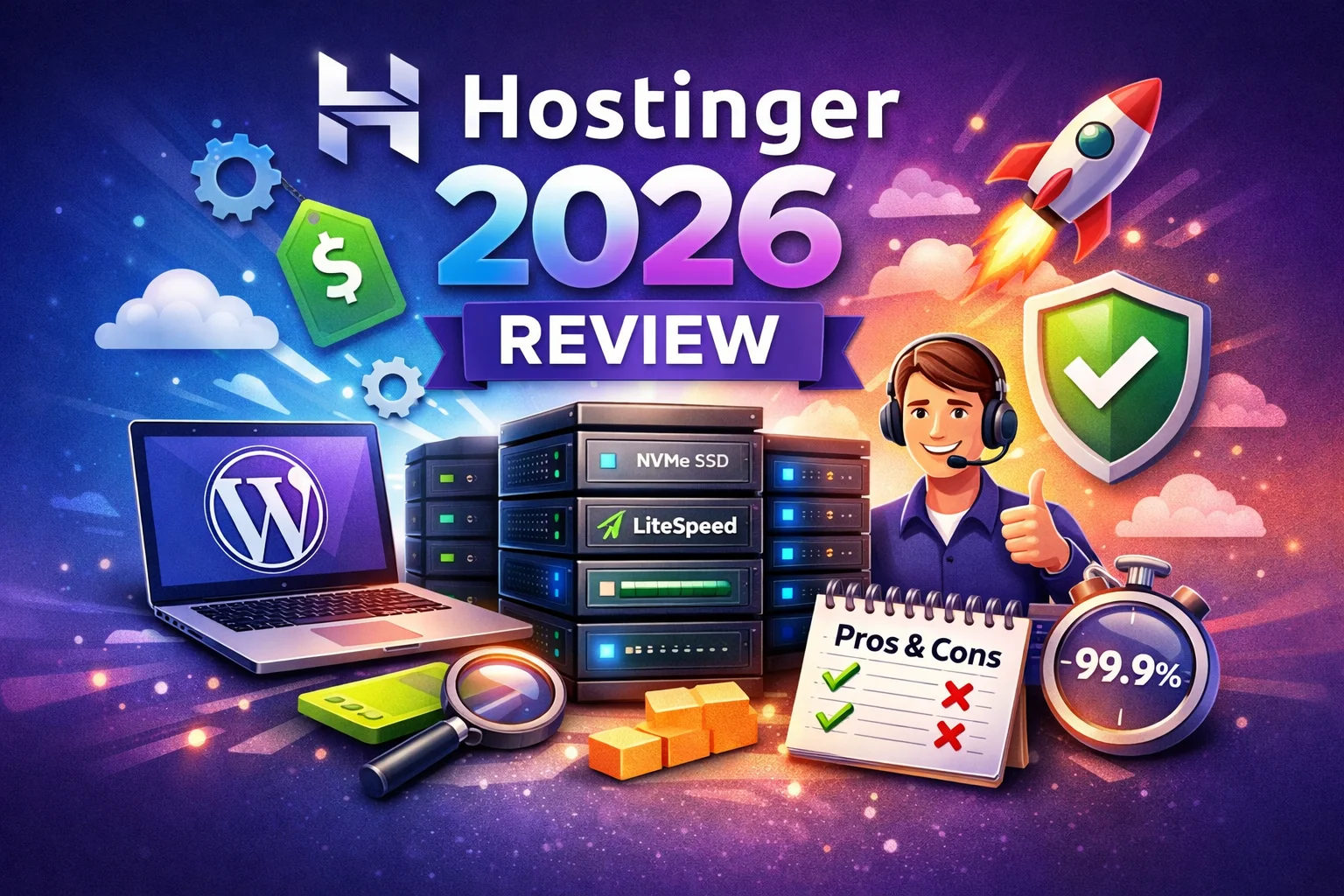 Hostinger hosting review showing speed, pricing, features, and pros and cons comparison