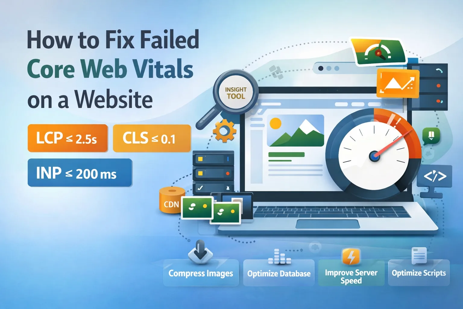 how to fix failed Core Web Vitals including LCP, CLS, and INP with website speed optimization, image compression, CDN, and script improvements