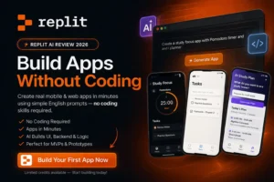 Replit AI app builder interface showing no-code mobile app creation using AI prompts with study planner and task manager features
