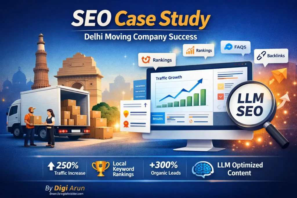 SEO case study for a Delhi moving company showing traffic growth, keyword rankings, and LLM SEO optimization by Digi Arun