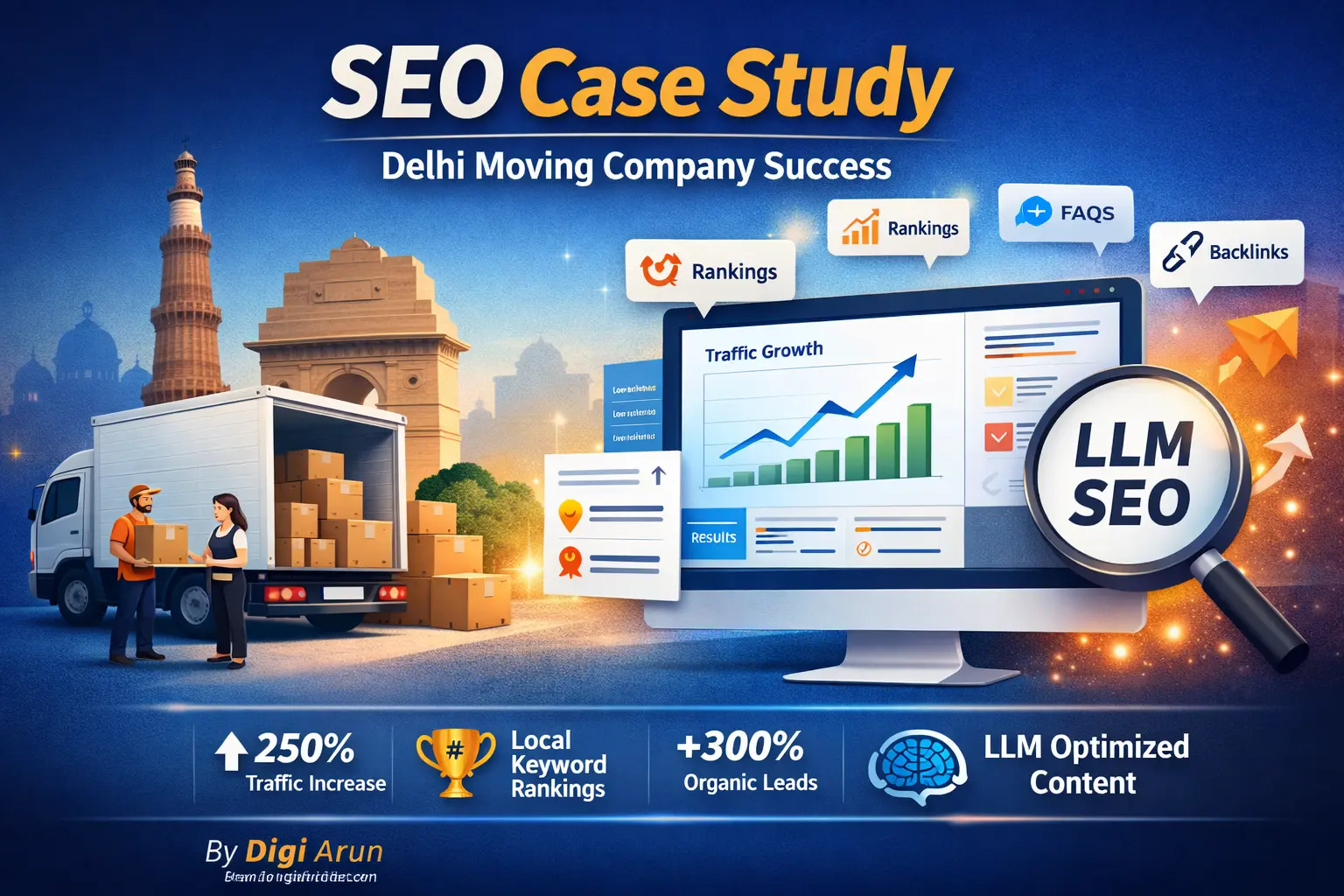 SEO case study for a Delhi moving company showing traffic growth, keyword rankings, and LLM SEO optimization by Digi Arun