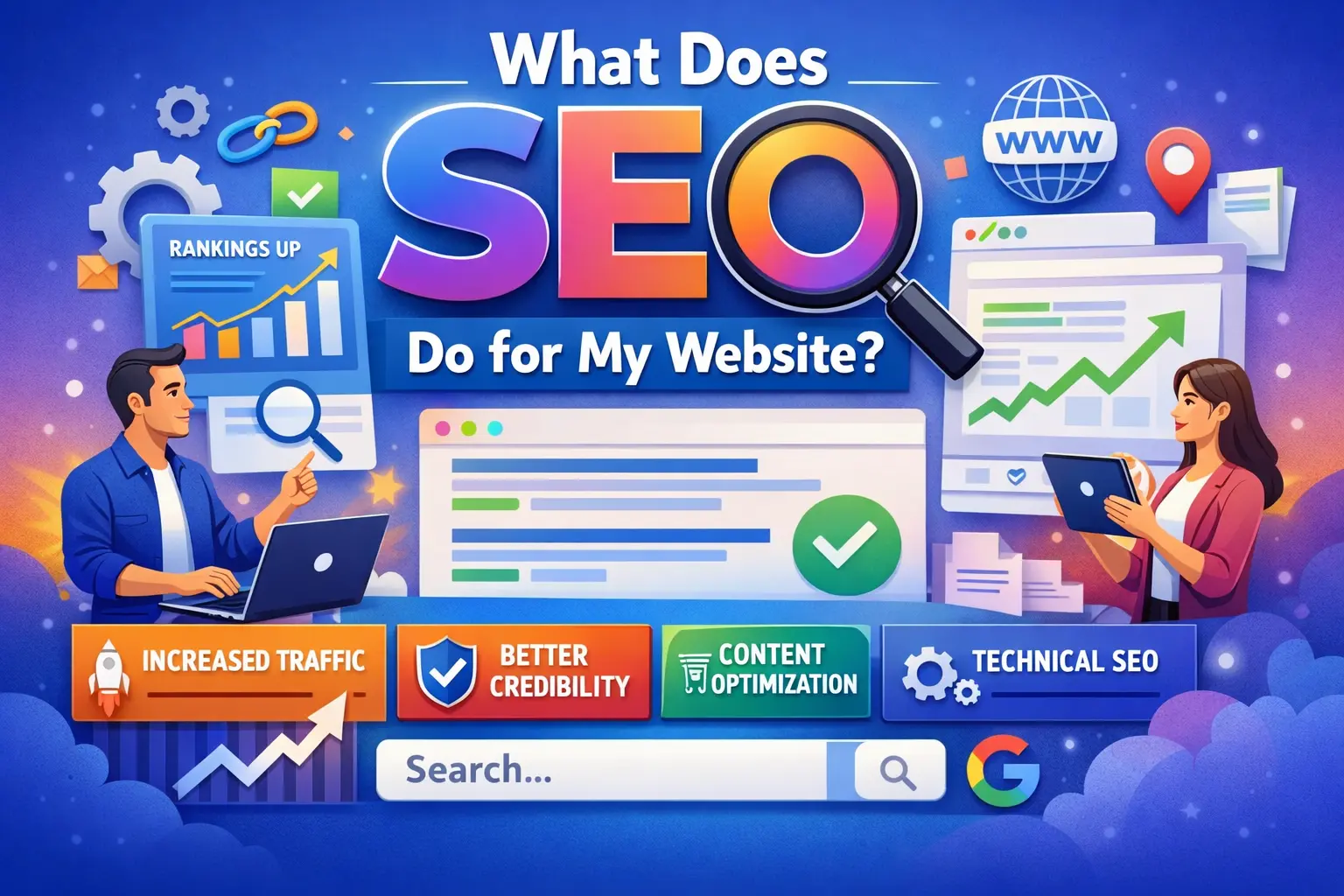 how SEO improves website rankings, increases traffic, and boosts credibility with analytics charts and search engine elements