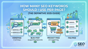 How Many SEO Keywords Should I Use Per Page?' comparing keyword strategies for four different content types: Homepage (1 primary, 2-3 secondary); Blog Post (1 primary, 3-8 supporting); Product Page (1 primary, 1-2 variations); and FAQ Page (1 per question).