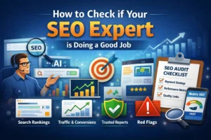 how to check if your SEO expert is doing a good job with SEO metrics, audit checklist, rankings, traffic growth, and red flags