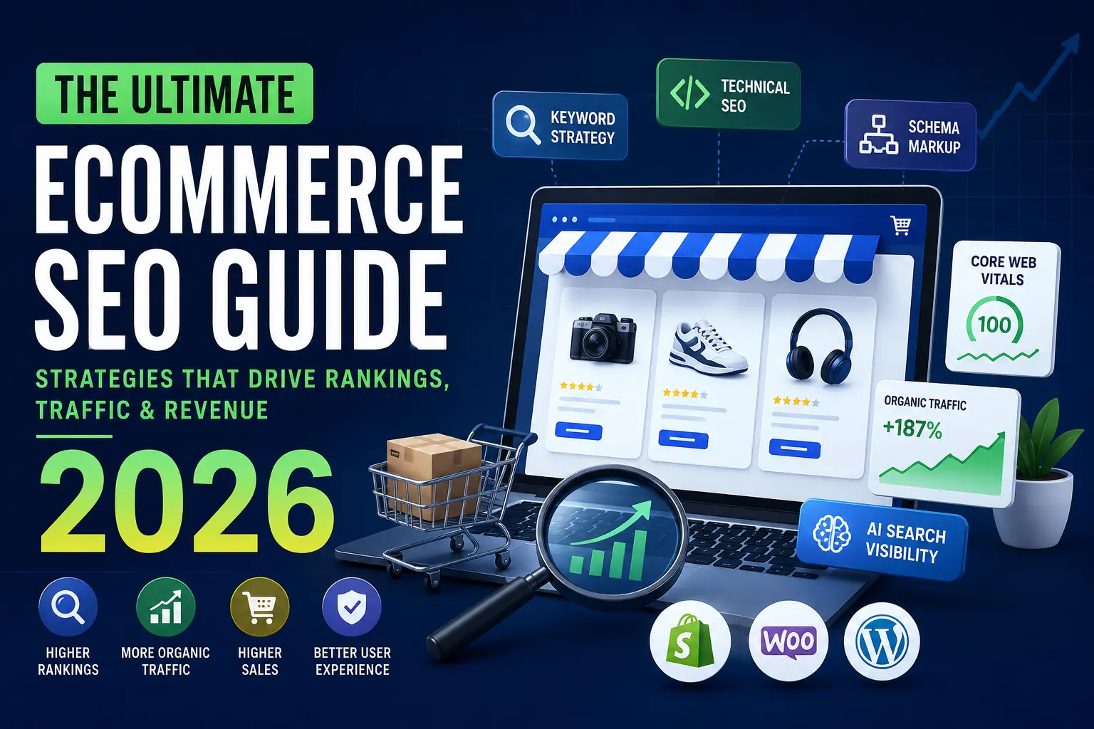 Ecommerce SEO Guide 2026 showing an online store dashboard, SEO growth charts, AI search visibility, Core Web Vitals, schema markup, and Shopify, WooCommerce, and WordPress ecommerce optimization elements.