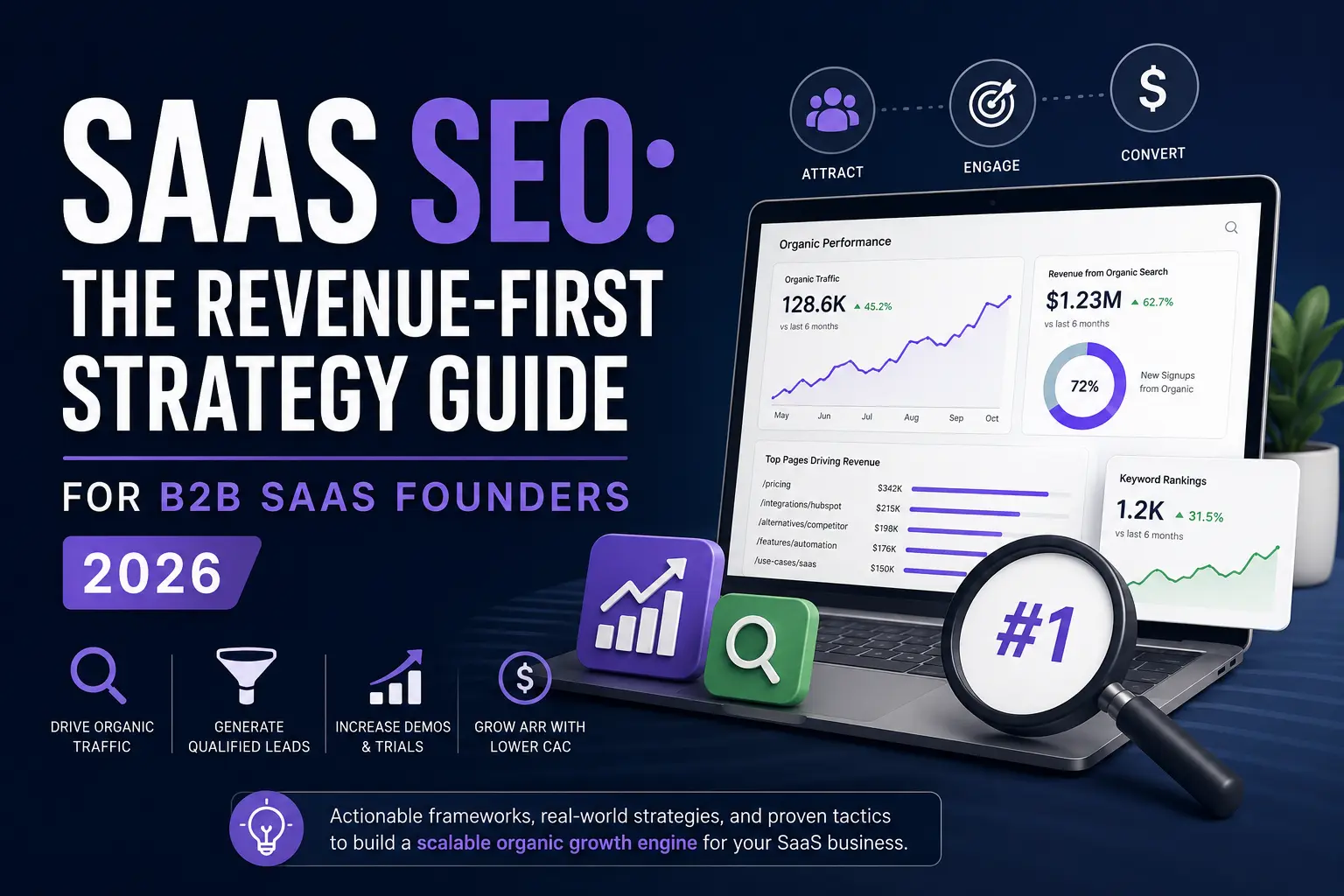 SaaS SEO growth dashboard, keyword rankings, organic traffic analytics, and revenue-focused SEO strategy for B2B SaaS founders in 2026.