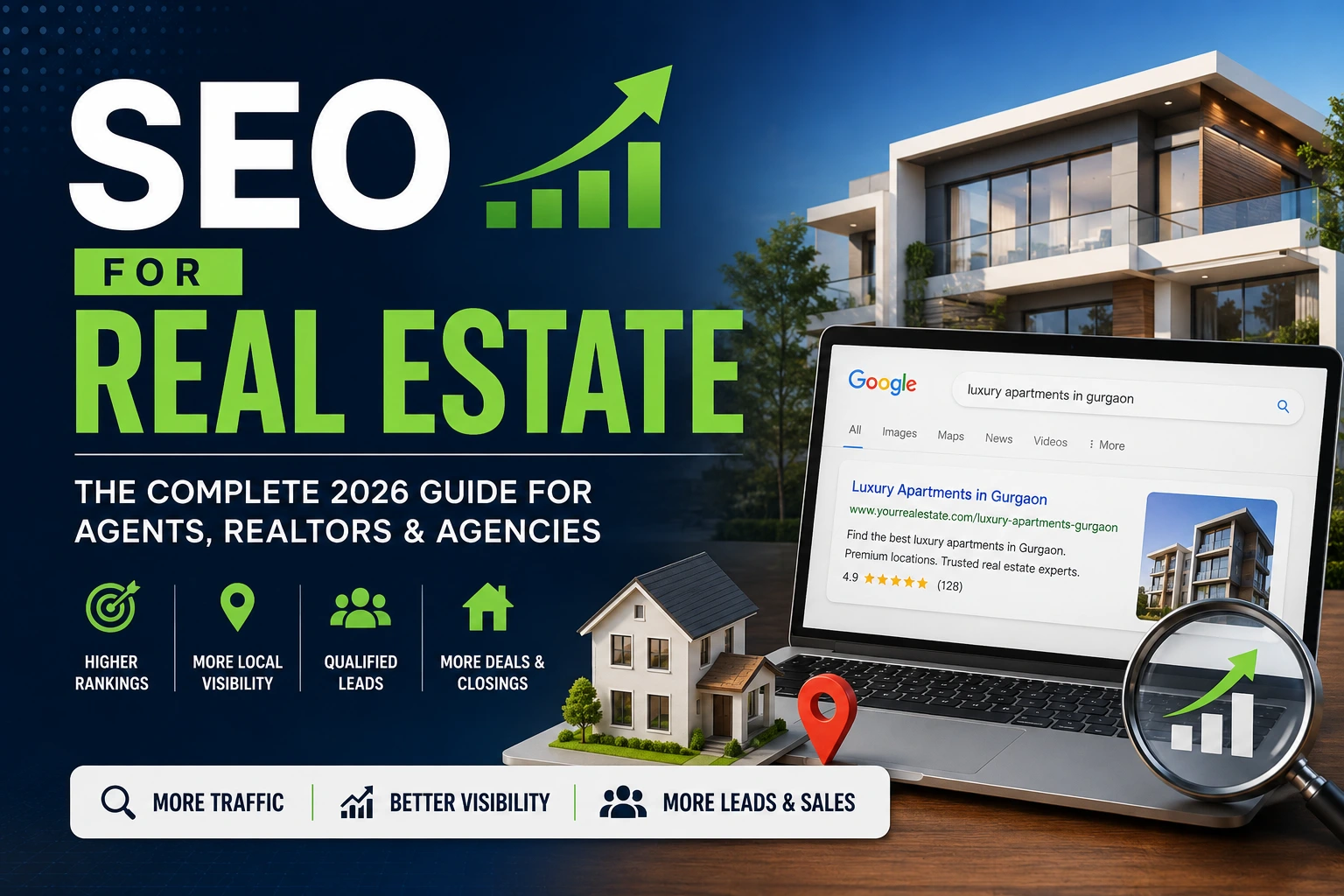 SEO for real estate guide showing Google rankings, luxury property website optimization, local SEO visibility, and lead generation for realtors and real estate agencies