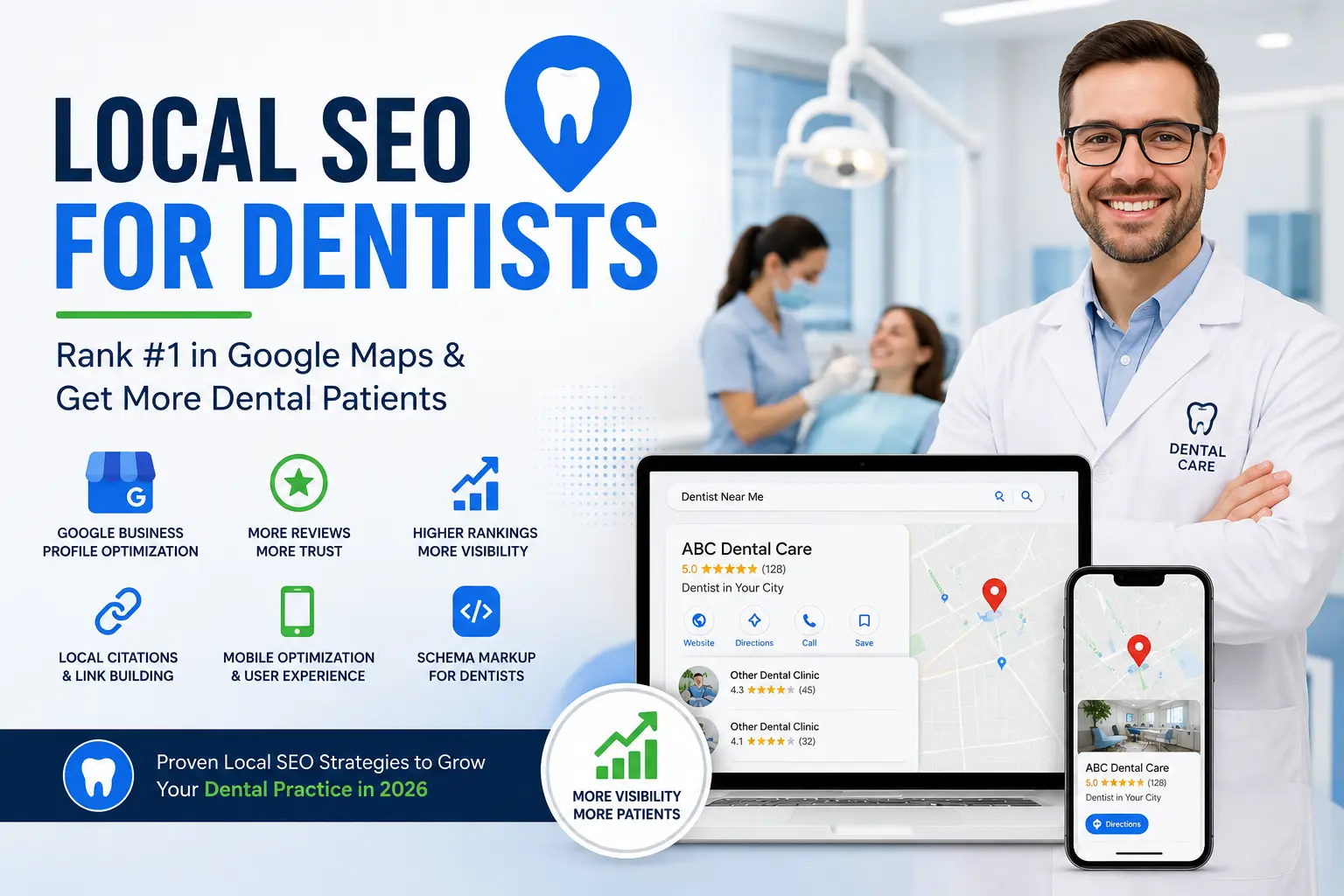 Local SEO for dentists illustration showing Google Business Profile optimization, Google Maps rankings, patient reviews, local citations, schema markup, and a dental practice improving local search visibility in 2026.