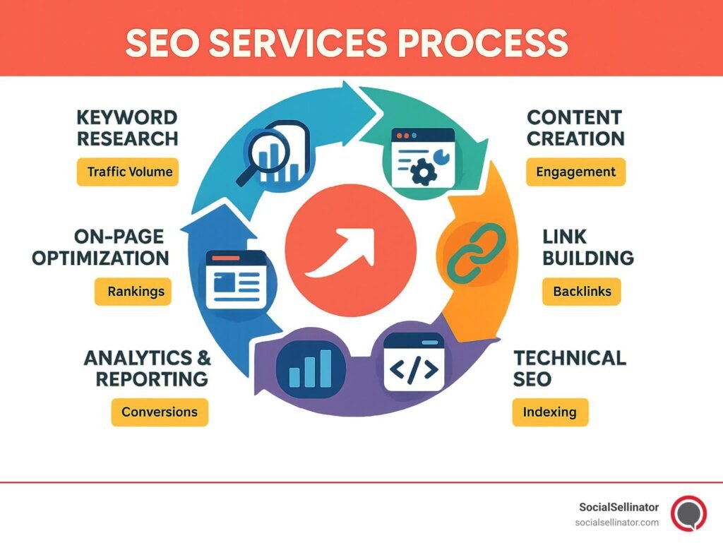 Six-step industry SEO process infographic showing discovery, keyword research, technical SEO, content strategy, link building, and performance reporting