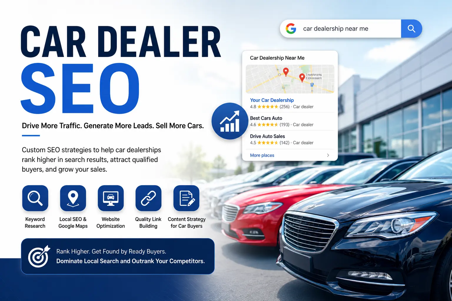 Car Dealer SEO illustration showing a modern car dealership, Google search results, local SEO, keyword research, link building, and website optimization to increase organic traffic and qualified leads