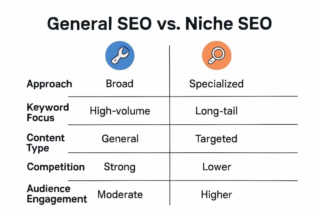 Generic SEO vs industry-specific SEO comparison showing differences in keyword targeting, buyer intent mapping, topical authority, and conversion-focused optimization
