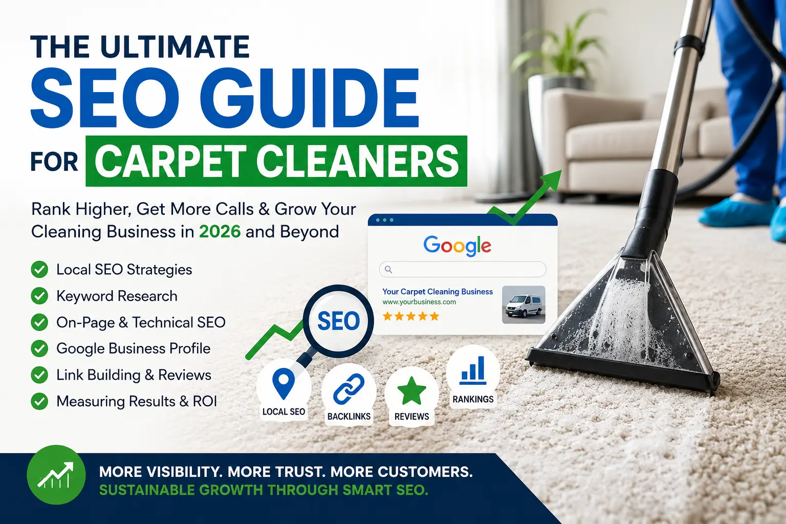 Professional carpet cleaner using a carpet extraction machine with SEO, Google Business Profile, local SEO, keyword research, and ranking growth illustrations representing a complete SEO guide for carpet cleaning businesses in 2026.