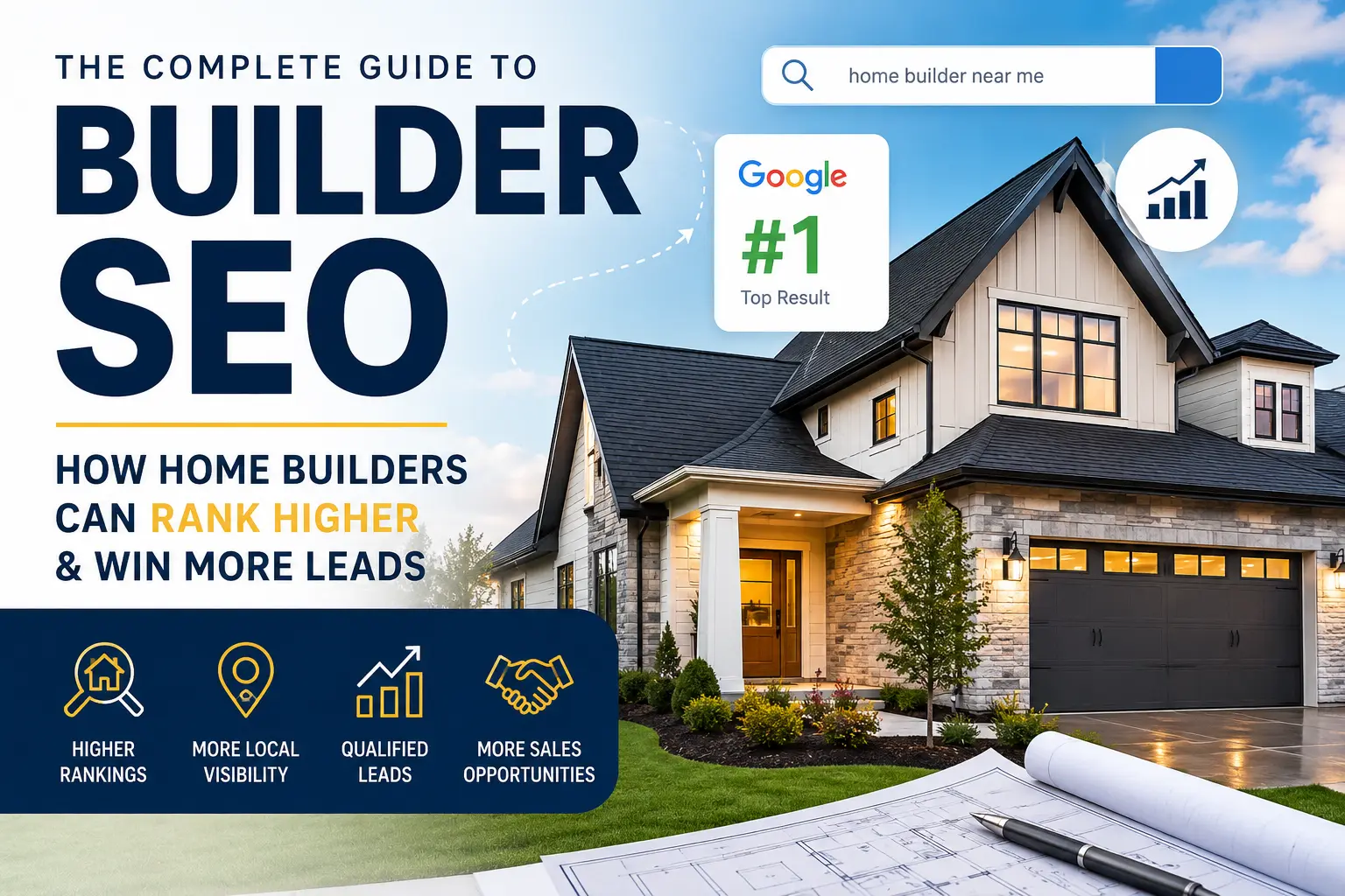 Builder SEO guide showing a modern home, Google search visibility, local rankings, and qualified leads for home builders