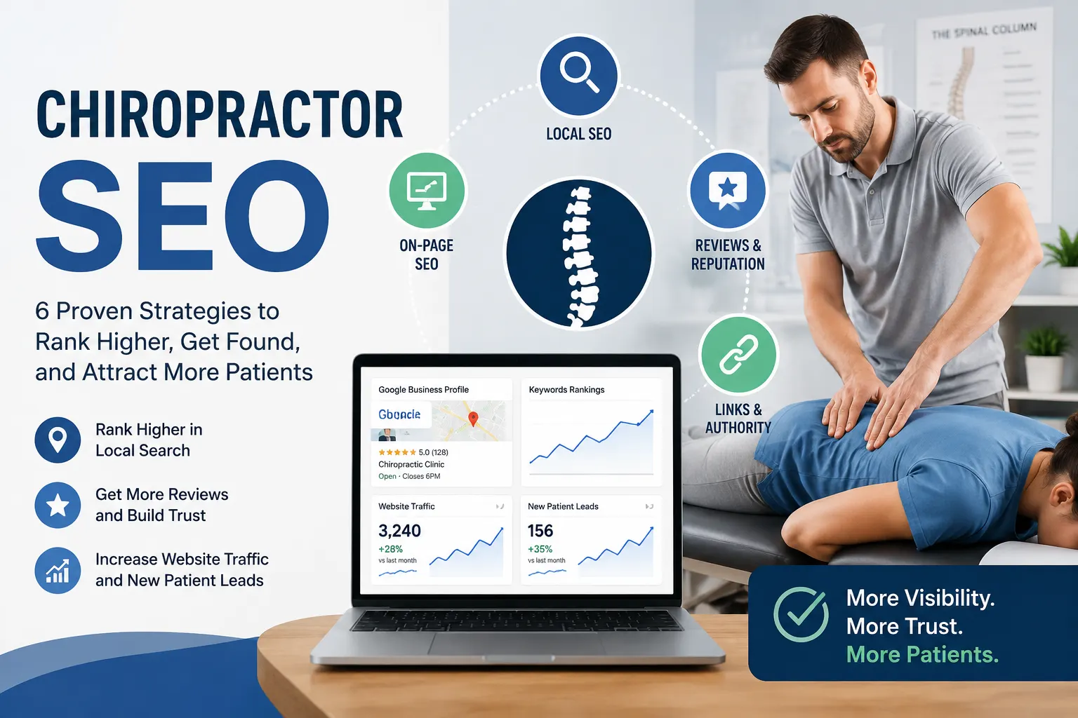 Chiropractor SEO guide showing a chiropractor treating a patient alongside SEO analytics, local search visibility, rankings, and patient growth