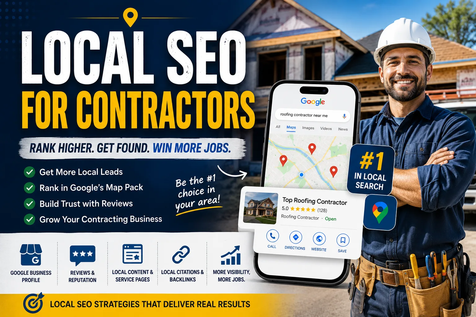 Local SEO for contractors showing a construction worker, Google Maps rankings, reviews, and strategies to generate more local leads