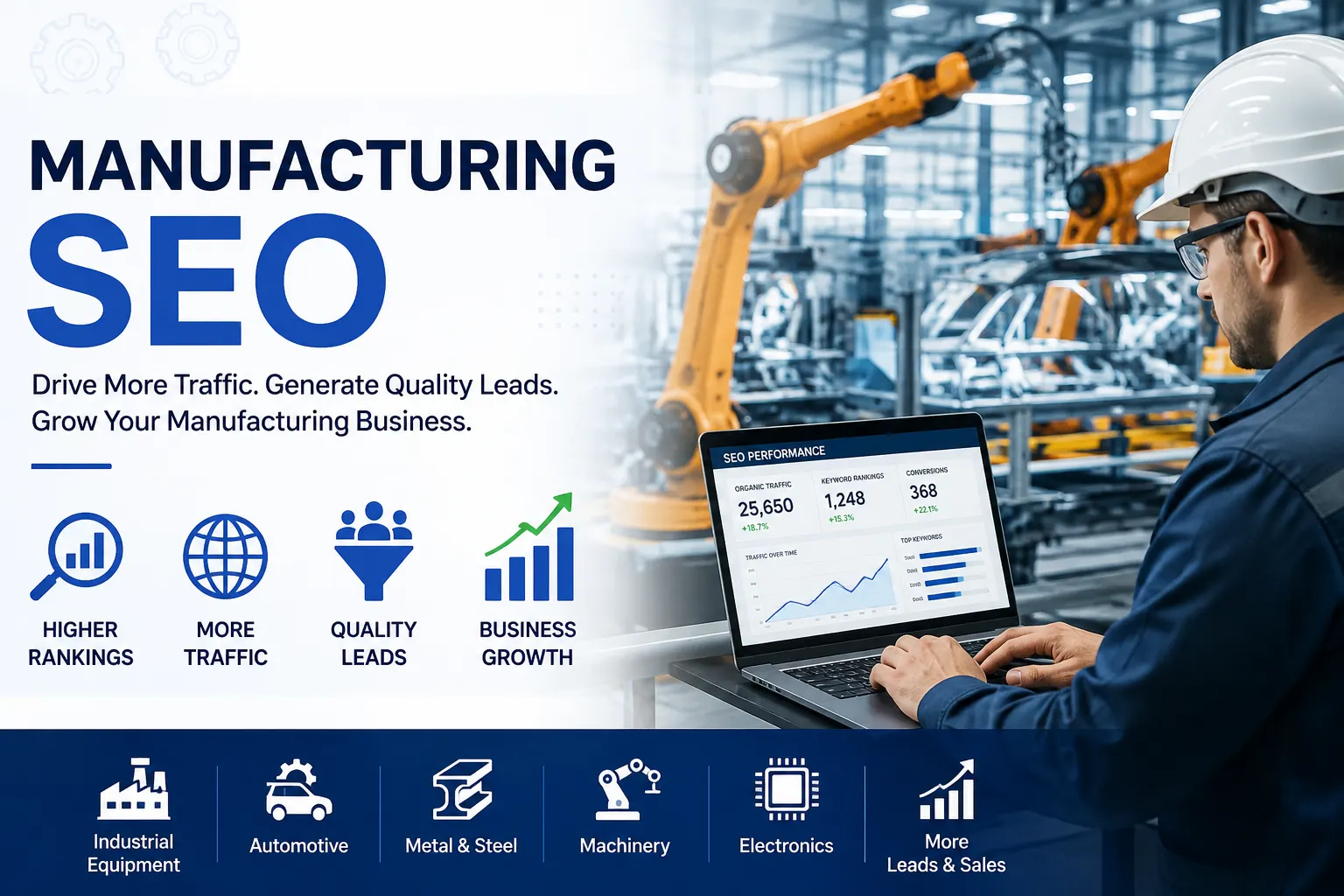 Manufacturing SEO strategy for higher rankings, organic traffic, quality leads, and business growth
