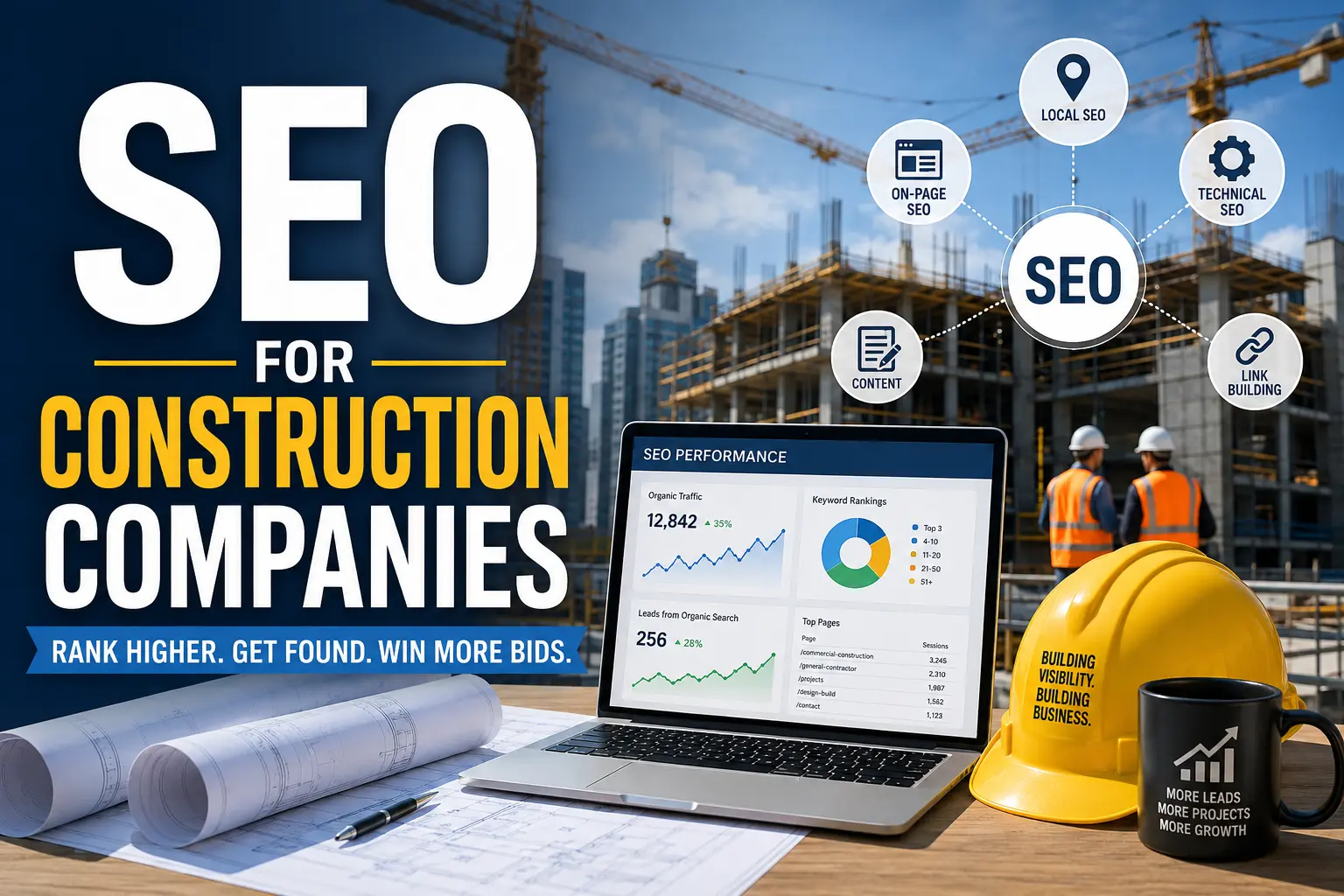 SEO for construction companies guide featuring a construction site, SEO performance dashboard, and local, technical, on-page, content, and link-building strategies.