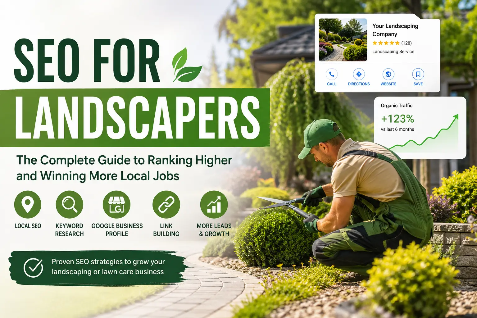 a landscaper trimming bushes alongside icons for local SEO, keyword research, Google Business Profile, link building, and local organic growth metrics.