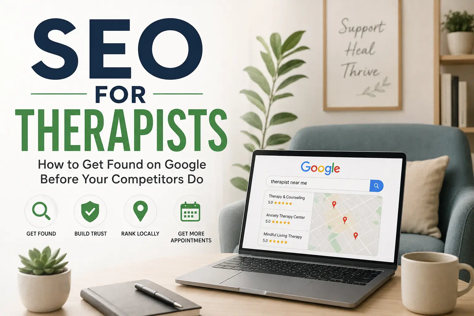 SEO for therapists guide showing a therapy practice ranking on Google and attracting more appointments