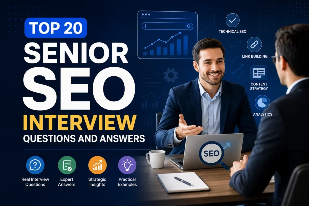 Professional illustration of a Senior SEO interview featuring an SEO candidate and interviewer discussing technical SEO, content strategy, analytics, and link building, representing the top 20 Senior SEO interview questions and answers.