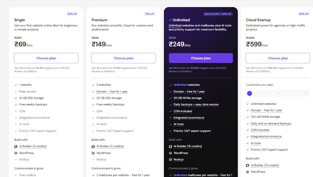 Hostinger India hosting plans and pricing