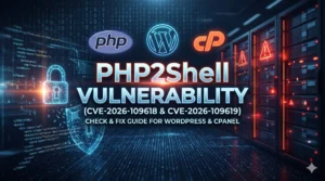 PHP2Shell vulnerability affecting PHP, WordPress, and cPanel with glowing cybersecurity server racks, lock icon, and CVE-2026-109618 and CVE-2026-109619 text